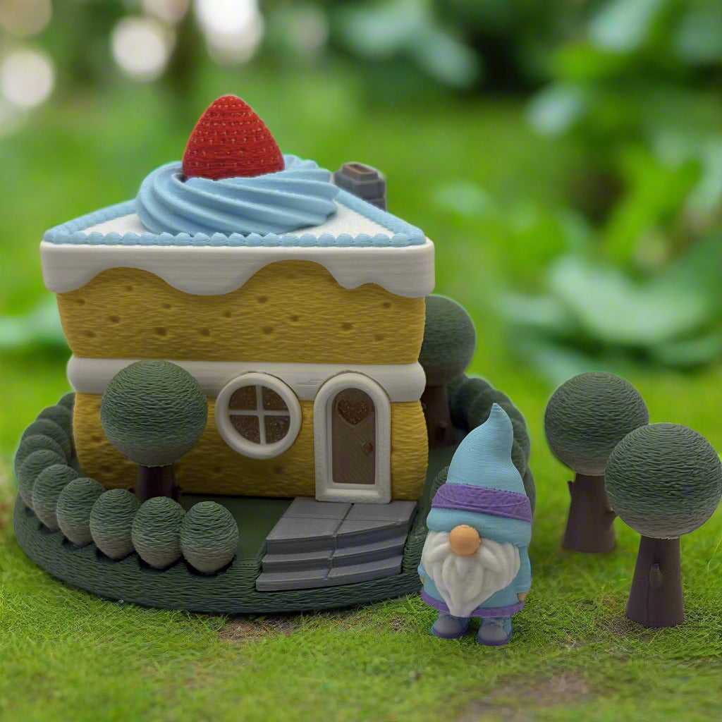3-D printed slice of cake fairy house, tea-light - Decor Garden Gnome home for desk, shelf, night stand
