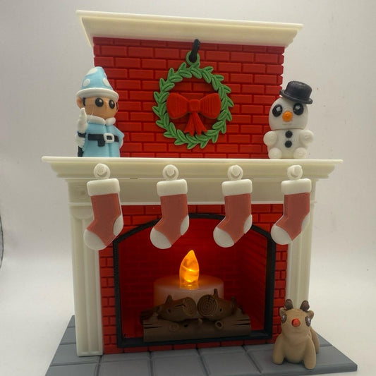 3D Printed Christmas Desk Fireplace Figurine with 3 Micro Mini Articulating Christmas Themed Friends