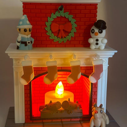 3D Printed Christmas Desk Fireplace Figurine with 3 Micro Mini Articulating Christmas Themed Friends